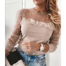 Arben Boutique Kadın Uzun Kollu Inci Detaylı Tüllü Viskon Bluz