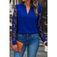 Arben Boutique Kadın Uzun Kollu Yaka Düğme Detay Güpürlü Kol Krep Bluz