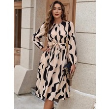 Arben Boutique Kadın Uzun Kollu Bisiklet Yaka Belden Bağlamalı Desenli Belden Kuşaklı Mikro Süprem Midi Elbise