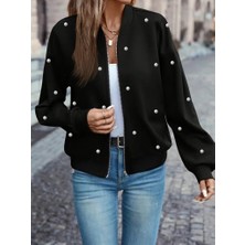 Reka Moda Kadın Uzun Kollu Önden Fermuarlı Incili Kısa Modal Ceket