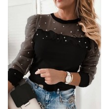 Arben Boutique Kadın Uzun Kollu Inci Detaylı Tüllü Viskon Bluz