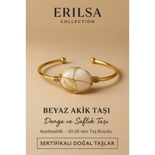 Sertifikalı Doğal Beyaz Akik Taşı Ayarlanabilir 24K Altın Kaplama Bileklik 20-25 mm