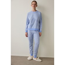 Penti Mavi Çiçek Desenli Bisiklet Yaka Pamuklu Uzun Kollu Pijama Takımı
