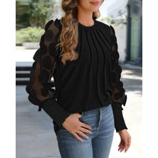 Arben Boutique Kadın Uzun Kollu Bisiklet Yaka Kolları Tül Detaylı Nervürlü Ithal Krep Bluz