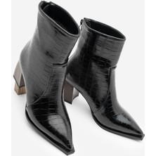 Marjin Kadın Sivri Burun Arkadan Fermuarlı Topuklu Bot Erves Siyah Croco