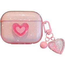 Microsonic Airpods Pro 3 Kılıf Simli Parıltılı Kalp Desenli Pembe
