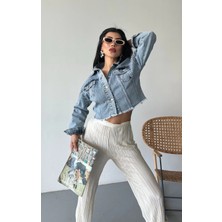 Çift Kapaklı Püsküllü Crop Buz Mavi D2002