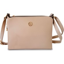 Kadın Suni Deri Ayarlanabilir Çapraz Askılı 4 Bölmeli ve Metal Fermuarlı Omuz Çantası Nude