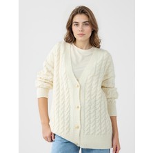 Jimmy Key Ekru V Yaka Bol Kesim Inci Detaylı Triko Hırka