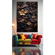 Siyah ve Altın Rengi Tonlarda Çiçekler V2 Ev Duvar Salon Güzellik Salonu Ofis Dükkan Dekarasyon Kanvas Tablo