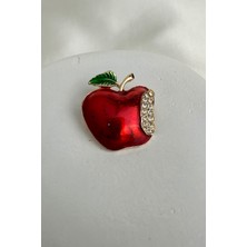 Kırmızı Mineli Taş Detaylı Yarım Elma Broş (3cm)