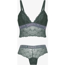 Kadın Danger Yazılı Lastikli Dantelli Büstiyer Takım