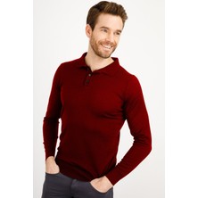 Desen Triko Erkek Basic Polo Yaka Ince Triko Kazak Bordo