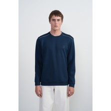 Erkek Omuz Çizgili Bisiklet Yaka Lacivert Sweatshirt