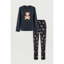 Koza İç Giyim Kadın Pamuklu Pijama Takımı Kahverengi Füme Ayıcıklı Sevimli Desen