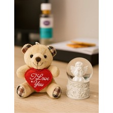 Sevgiliye Eşe Özel Günlere Hediye Sevimli Mini Peluş Ayıcık ve Mini Melek Kar Küresi Set Bej Rengi