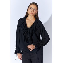 Kadın Siyah TN023 Önü Fırfırlı Kolları Bağlamalı Şifon Buluz