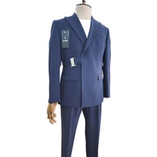 Italyan Stil Slim Fit Tokalı Kruvaze Erkek Takım Elbise Lacivert