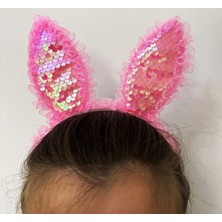 Kenarları Dantelli Pembe Pullu Payetli LED Işıklı Tavşan Kulak Taç 23X19 cm