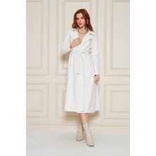 Kadın Astarsız Kuşak Basic Bol Beyaz Uzun Kaşe Kaban