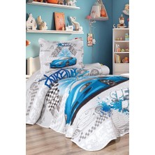 Fast Car Baskılı Kapitoneli Tek Kişilik Yatak Örtüsü Mavi