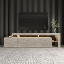 İnarch Dizayn Beliz Modern LED Işıklı 3 Kapaklı, Raflı TV Sehpası – 192 cm, Traverten Desen