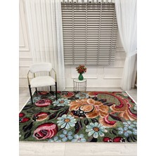 Brillant Yeşil Çiçek Desenli Floral Lateks Taban Halı