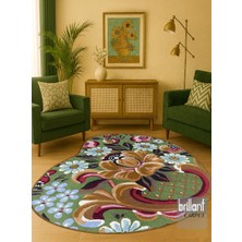 Brillant Yeşil Çiçek Desenli Floral Lateks Taban Oval Halı