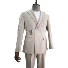 Italyan Stil Slim Fit Tokalı Kruvaze Erkek Takım Elbise Krem