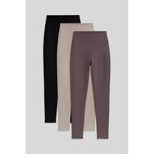 Slim Fit 3lü Paket Koyu Bej-Kahverengi-Siyah Kadın Tayt - 94011