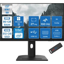Msı Modern AM273QP Aı 1UM-241XTR Intel Core Ultra 7-155H 80GB Ddr5 512GB SSD Intel® Arc™ Graphics 100Hz 27 Inç 2k Wqhd 2560X1440 IPS WIN11PRO Siyah Allinone BILG.241XTRP22+ZETTAUSBBELLEK