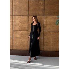 Buketli Kadın Önden Fermuarlı Maxi Boy Uzun Kollu Elbise