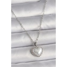 316L Çelik Gümüş Renk Zincir 3D Inci Kalp Model Kadın Kolye - Lisinya