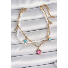 316L Çelik Gold Renk 2'li Incili Zincir Sallantı Pembe Kalp Model Nazar Boncuk Detay Kadın Bileklik - Lisinya