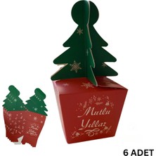 Yılbaşı Çam Ağacı Saplı Hediye Kutu, 6 Adet, Yeniyıl Parti, Dekor, Süs Kutusu, 6 x 6 x 16 cm