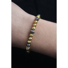 Doğal Taş Çember Model Gold ve Füme Renk Asansörlü Erkek Bileklik - Lisinya