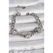 316L Çelik Gümüş Renk Zincir Model Zirkon Taşlı Işleme Detaylı Kadın Bileklik - Lisinya