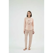 Kadın Pudra Renk Uzun Kollu Bisiklet Yaka Pijama Takımı C9T1N271