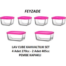 Feyzade Cube Kahvaltılık Saklama Kabı Seti Pembe Kapaklı (2 Adet 405CC - 4 Adet 270CC)