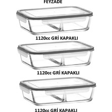 Feyzade Fresco Iki Bölümlü Kilitli Cam Saklama Kabı 3’lü Set 1120CC Dikdörtgen (FRS-297) Gri Kapak