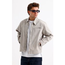 Erkek Bej Oversize Fermuarlı Kot Ceket