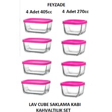 Feyzade Cube Kahvaltılık Saklama Kabı Seti Pembe Kapaklı (4 Adet 405CC - 4 Adet 270CC)