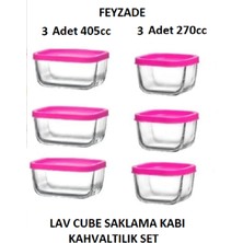 Feyzade Cube Kahvaltılık Saklama Kabı Seti Pembe Kapaklı (3 Adet 405CC - 3 Adet 270CC)