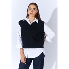 Kadın Siyah V Yakalı Basic Süveter