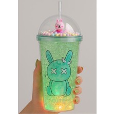 Pipetli Suluk Tavşan 450 ml Çift Katman LED Işıklı Buzlu Cam Görünümlü Mika Su Şişesi 2087 Yeşil