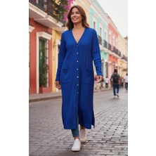 Kadın Önü Düğmeli V Yaka Cepli Mevsimlik Hırka