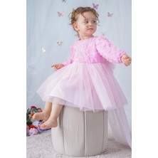 ALYRA Kız Bebek Elbise Uzun Kollu Fiyonklu Güllü Doğum Günü Parti Düğün Özel Gün Abiye Kız Çocuk Elbise Pembe ALY1020