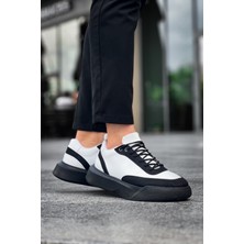 ET0354 Günlük  Bağcıklı Erkek  Beyaz Parçalı Siyah  Yüksek Taban Spor Ayakkabı