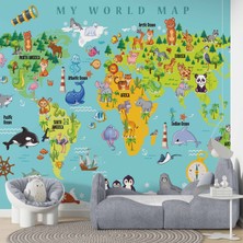 Çocuk Odası Hayvanlı Dünya Haritası Duvar Kağıdı