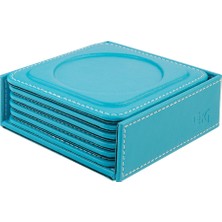 Bardak Altlığı,6’lı Set,masaüstü Yuvarlak Cup Coaster,vegan Suni DERI,11X11 Cm.,turkuaz